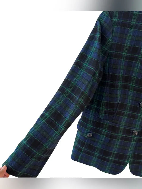 Talbots Wool Blend Green Blue Plaid Blazer Size 12 Crest Buttons Holiday - Image 3