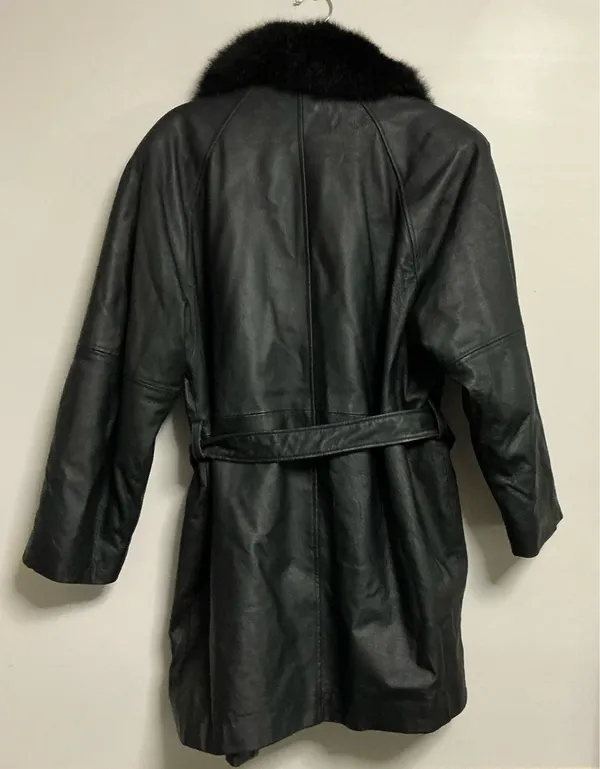 Pelle New York-Milano Goth Black Genuine Leather Trench Coat with Faux Fur Collar - Image 2