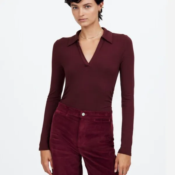 Madewell Side Cinch Long Sleeve Polo Top sweater vneck collar charcoal ruched - Image 3