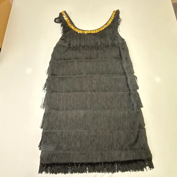 Women's Black Flapper Dress with Gold Sequin Neck Trim and Tiered Fringe - Image 3