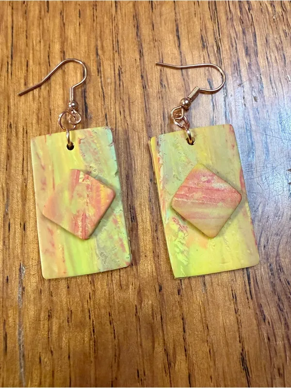 Handcrafted Green and Pink Rectangular Drop Earrings Yellow - Image 2