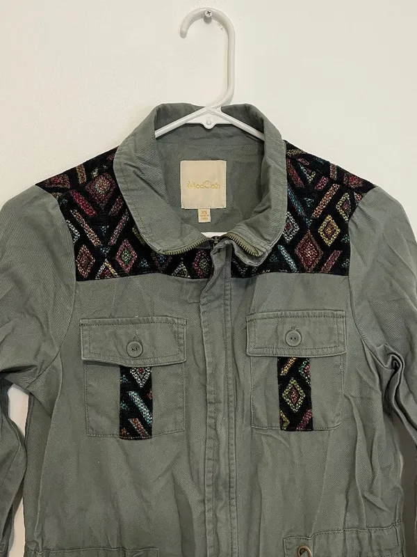 MODCLOTH Keep a Woven Mind Jacket Olive Army Green Multi Aztec Boho Embroidered - Image 4