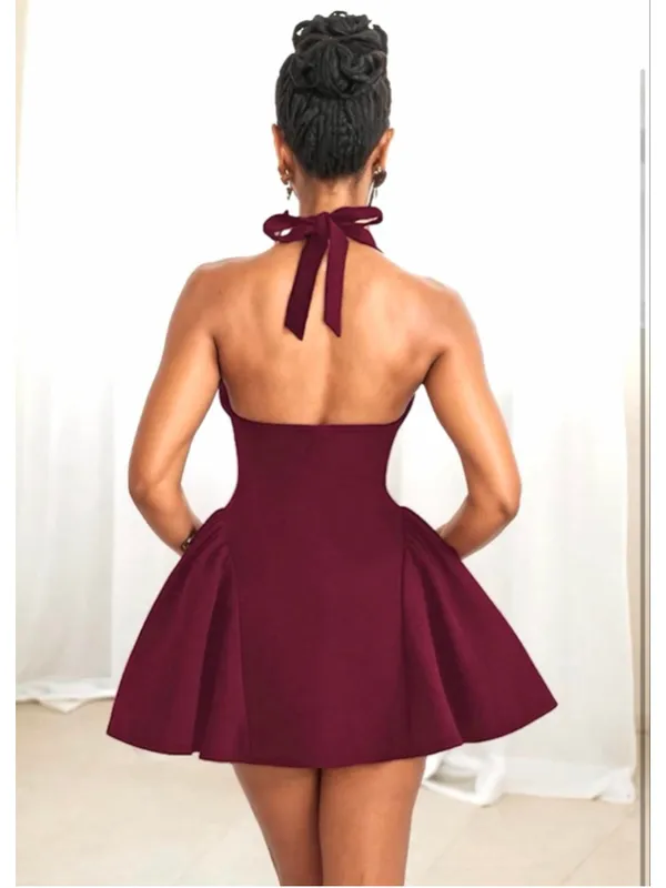 NEW Bubble Mini Dress Halter Deep V Neck Backless Sexy Club S - Image 2