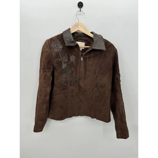 Margaret Godfrey Brown Genuine Leather Suede Floral Applique Zip Jacket Size 8 - Image 2