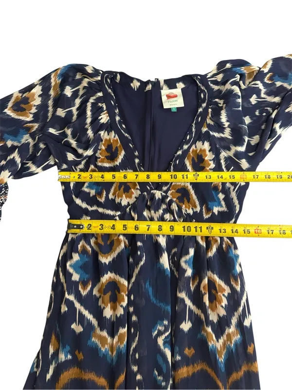FARM Rio Pineapple Blue Ikat Maxi Dress Boho Long Sleeve Altered Length Small - Image 13