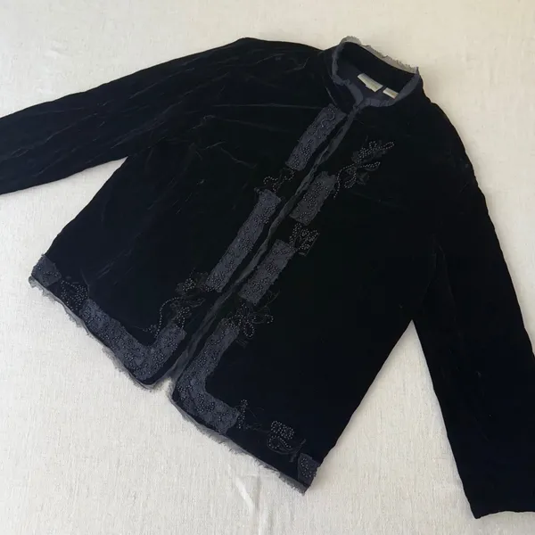 Chicos Black Silk Blend Velvet Beaded Lace Jacket Mandarin Collar Size 2‎ - Image 13