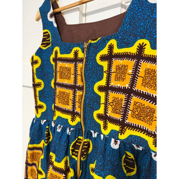 African Wax Print Fit and Flare Dress Blue Yellow Geometric Square Neck - Image 9