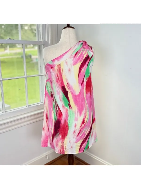 One Shoulder Pink Mini Shift Dress Emery Rose Medium Sleeveless Knee Length Cute - Image 4