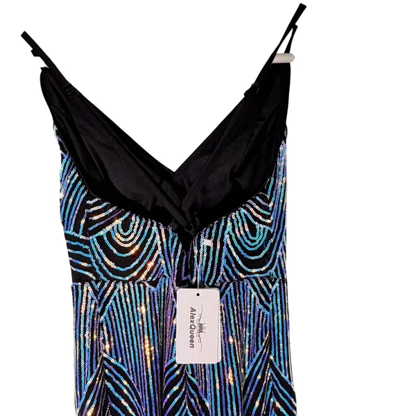 NWT‎ AlexQueen Blue Purple Sequin V Neck Maxi Prom Dress Backless Large - Image 9