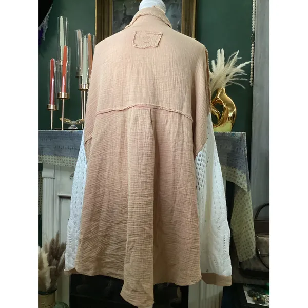 POL Womens Terracotta Gauze Crochet Lace Sleeve Button‎ Down Oversized Shirt Lg - Image 3