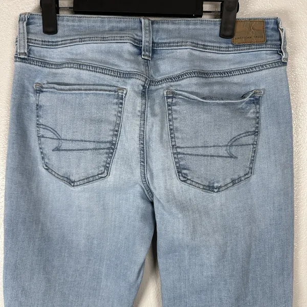 American Eagle Kick Boot Flare‎ Stretch Jeans Womens 8Short Light Wash Fray Hem - Image 4