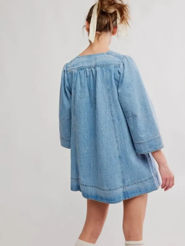 FREE PEOPLE NWT Goldie Balloon Sleeve Denim Mini Dress / Celestial Blue XS - Image 3