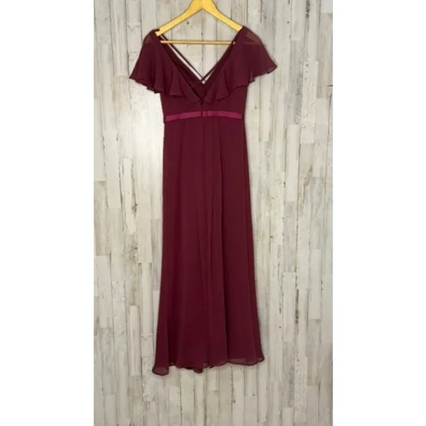 David's Bridal‎ Women's Burgundy Chiffon Gown Off Shoulder Formal Dress Size 2 - Image 2