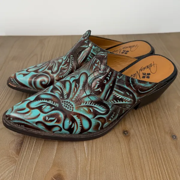 Patricia‎ Nash Turquoise Brown Tooling Leather Mule Pointed Toe Western Shoes 6 - Image 4