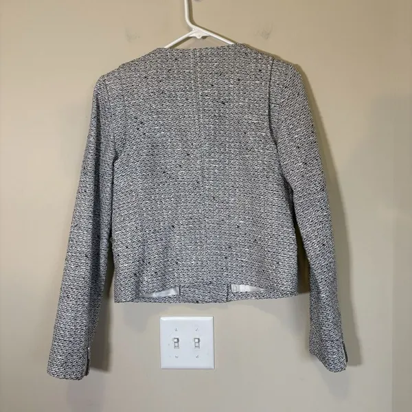 Banana‎ Republic Tweed Jacket Fringed Gray White Luxury Cocktail Office Womens 4 - Image 2