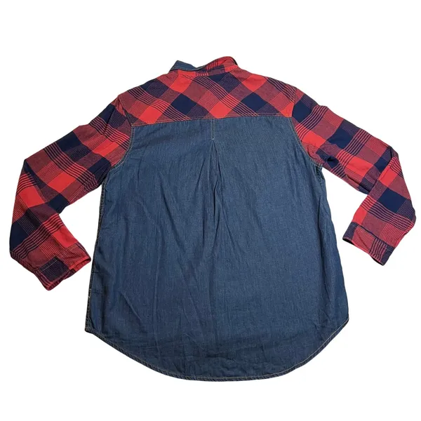 BDG Women's Mixed Media Plaid Flannel Denim Button Up Shirt Size Large Casual - Image 2