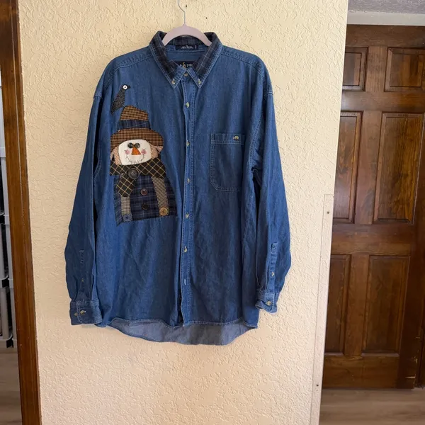 Luna Pier Button Up Denim XL Blue Scarecrow Patchwork Blue Shirt Novelty Fall - Image 3