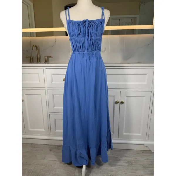 Blue Maxi Dress Womens XS Open Back Smocked Tie Ruffle Hem Boho Vacation Resort - Image 10