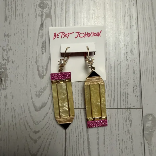 Authentic Betsey Johnson Great Teacher Gift Yellow Pencil‎ Dangly Earrings - Image 7
