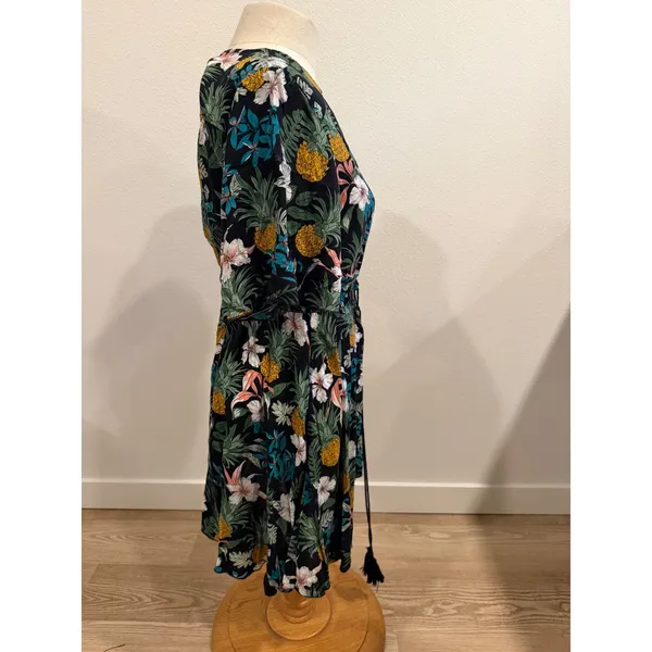 Tropical Pineapple Floral Mini Dress Black V-Neck Smocked Waist Tassel Accent M - Image 4
