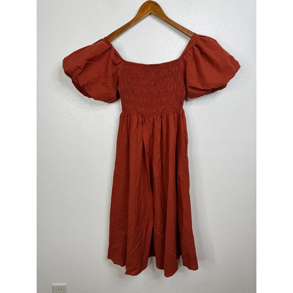 Petal + Pup Rust Orange Smocked Puff Sleeve Cotton Midi Dress Womens‎ Size 4 - Image 2