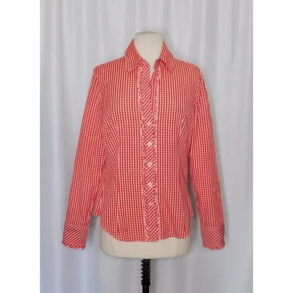 LILLY PULITZER Red White Blue Gingham Plaid Ruffled Buttondown Top Blouse Size 6 - Image 2