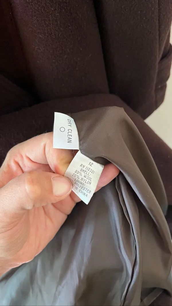 Vintage Oleg Cassini Dark Brown Wool Trench Coat Belted Double Breasted L 12 Y2 - Image 6