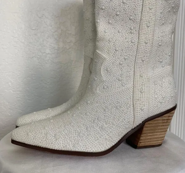 Bieoshli NWT Coquette Ivory Cream White Beaded Pearl Cowboy Cowgirl Boots US 6 - Image 6