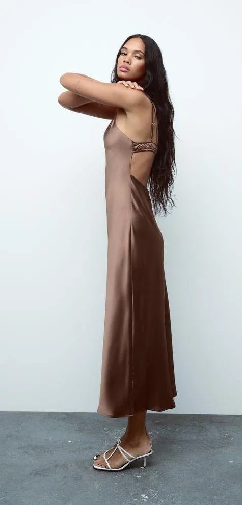 Zara dress midi maxi satin wedding lingerie chocolate brown party cocktail - Image 18
