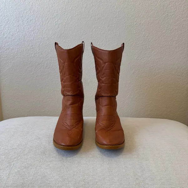 Brown Western Cowboy Boots Mid Calf Embroidered Block Heel Size 7 - Image 2