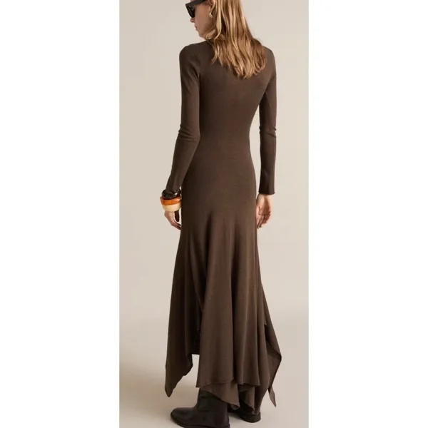 MANGO Asymmetrical Low-Knit‎ Dress Caramel Brown Long Sleeve Maxi XL - Image 3