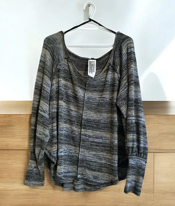Free People Green Striped Boxy Scoop Neck Lightweight Slouchy Sweater Knit Top L - Image 2