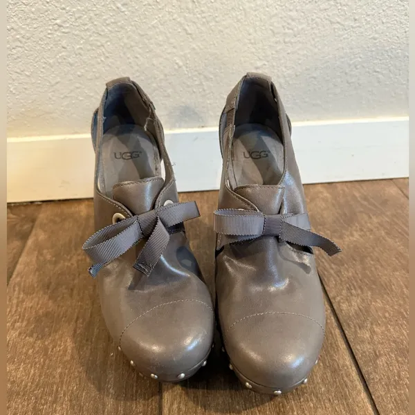 UGG Celestina‎ Grey Leather Platform Women Mule Heels Size 7 - Image 2