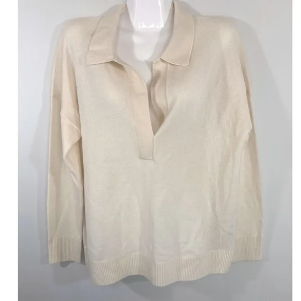 Quince Ivory 100% Mongolian Cashmere Polo V-Neck Sweater Women Large NWT Preppy - Image 2