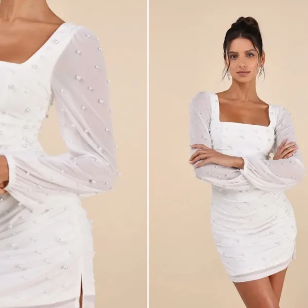LULUS Bridal Bachelorette Engagement Bridal Shower Sexy Pearls Long Sleeve Mini - Image 3