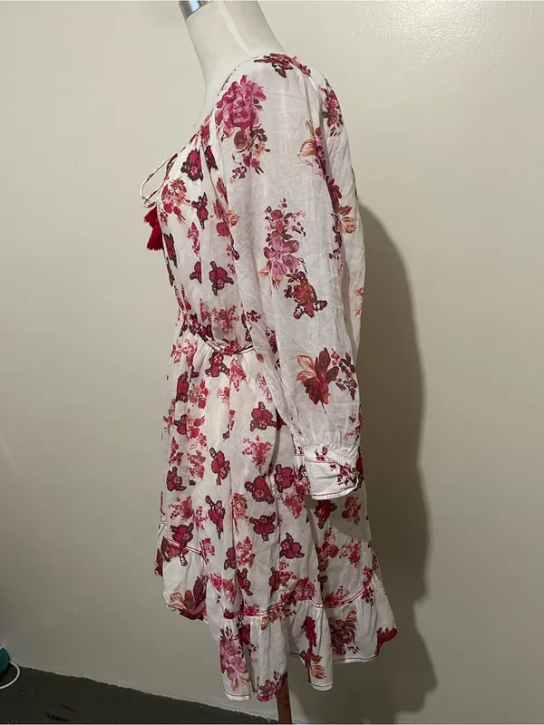 Free People White floral babydoll ruffle dress with Pink Floral Neckline - Image 3