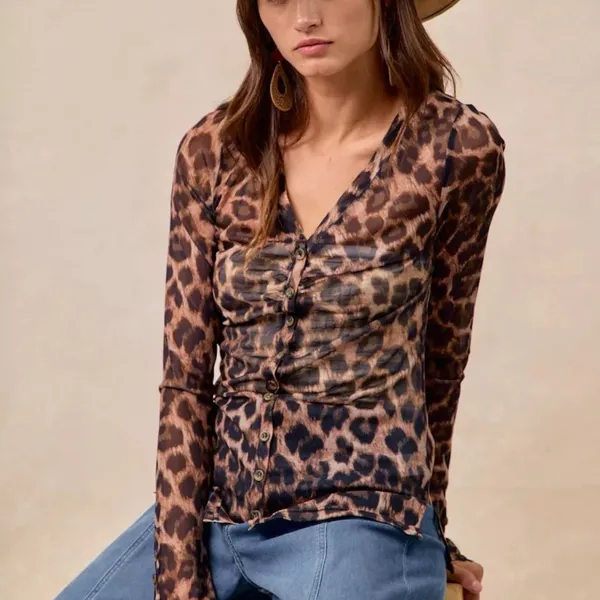 BiBi Leopard Printed Mesh‎ Shirt With Button Up V Neck Size XL - Image 11