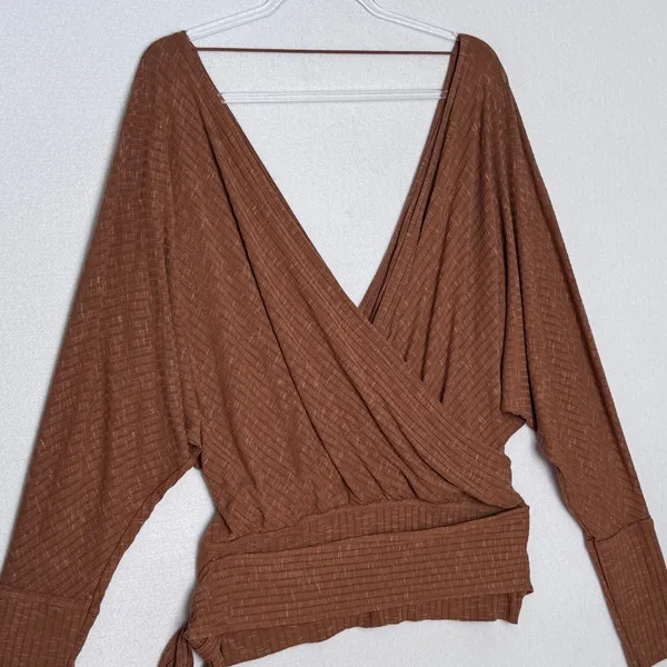 Free People East Coast Wrap Top Moroccan Spice Ribbed Knit Tie Waist NWT L - Image 12