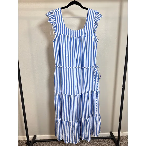 Draper‎ James RSVP Blue White Striped Tiered Midi Dress Ruffle Sleeve Small - Image 4