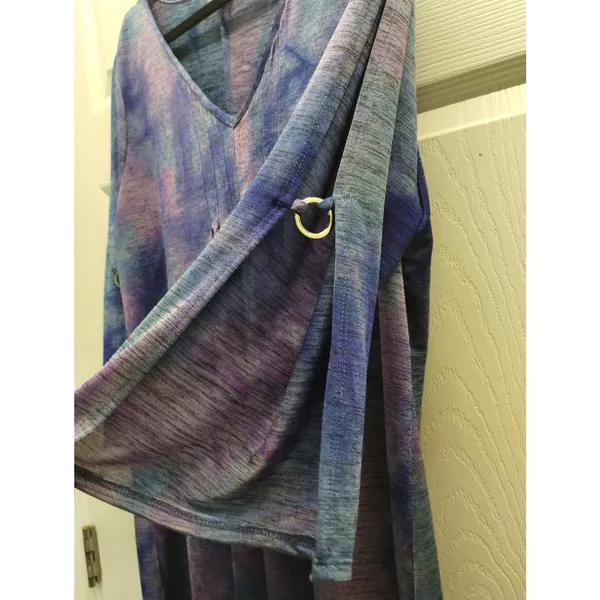 Cocomo Size Large Purple Blue Tie Dye V-Neck Slit Sleeves Slinky Tunic Top - Image 2