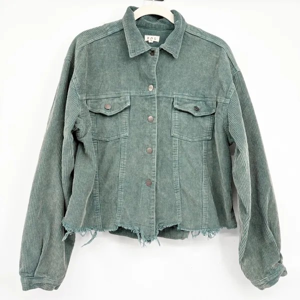 POL Womens Blue Green Corduroy Raw Hem Boho Grunge Trucker Jacket Size L - Image 2