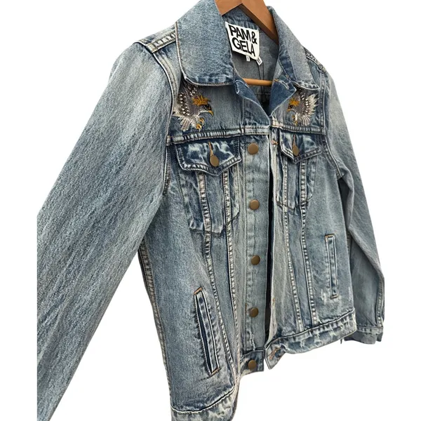 PAM & GELA Statement Denim Embroidered Jacket with Rhinestone Eagles‎ Size Small - Image 6