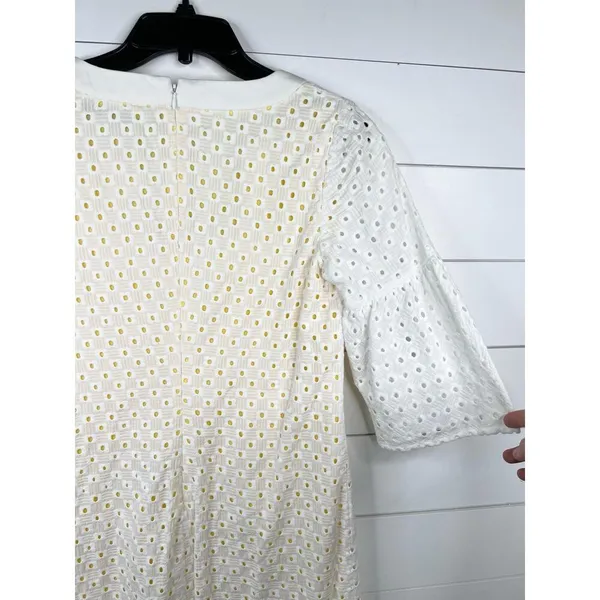 Trina Turk White Eyelet Bell Sleeve A-Line Dress Size 8 Yellow Lining Cotton - Image 7