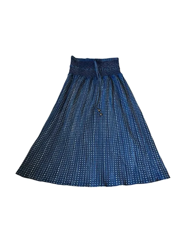 Tantrum’s Womens Denim Blue Midi Flare Skirt Textured Smocked Waist Tassels Boho - Image 2