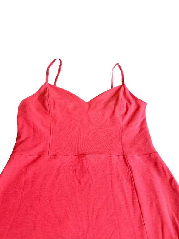 Beyond Yoga Bold Coral Midi Dress Stretchy Slimming Slit Casual Size Medium - Image 2