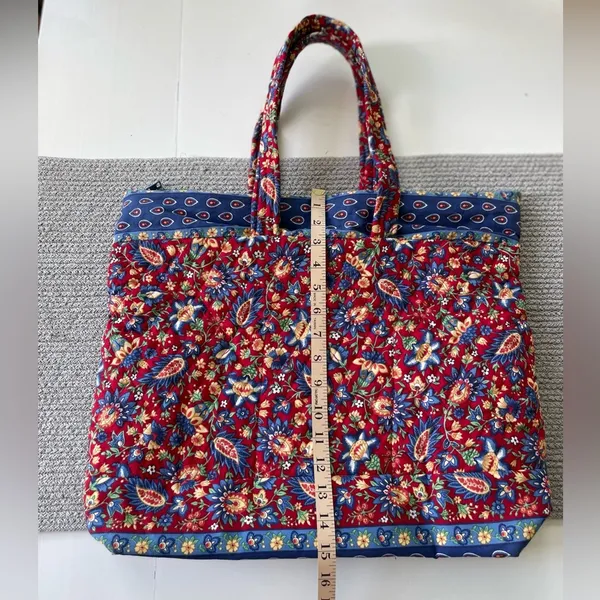 Vintage Handmade Quilted Red Blue Paisley Floral Padded Tote Shoulder Bag - Image 8