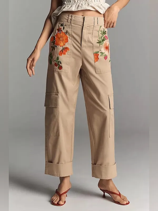 NWT Anthropologie Embroidered Floral Cargo Pants Tan M - Image 2