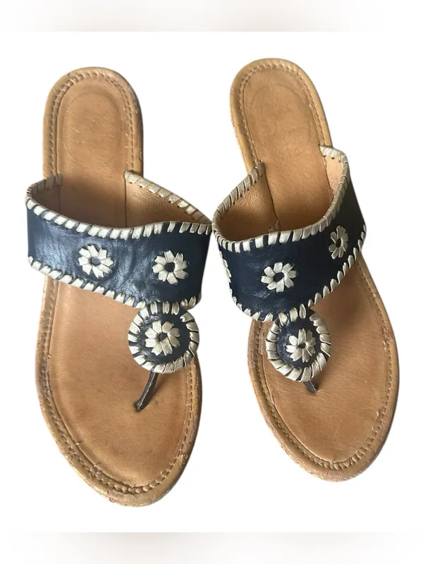 Jack Rogers Navy Blue Leather Cork Wedge Goldtone Flecked Thong Sandals 8 - Image 2