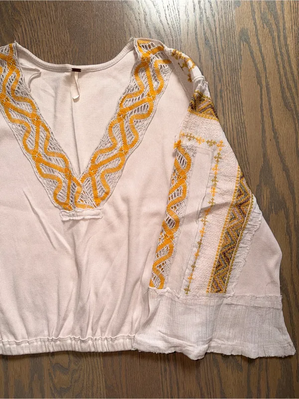 Free People Embroidered V-Neck Peasant Top in Cream and Mustard - Image 2