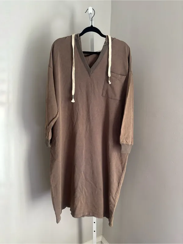 POL Vintage Washed V-Neck Long Sleeve French Terry Hoodie Lounge Dress Taupe - Image 4